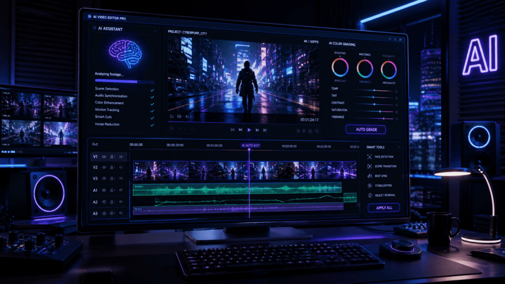 IA Generativa para Criadores: O Guia Completo de Ferramentas Visuais e de Texto 7 3. Edição de Vídeo com IAFuturistic video editing timeline auto-editing with AI assistance, glowing interface, cinematic footage clips, real-time color grading, modern editing studio, neon accents, ultra detailed, 4K --ar 16:9